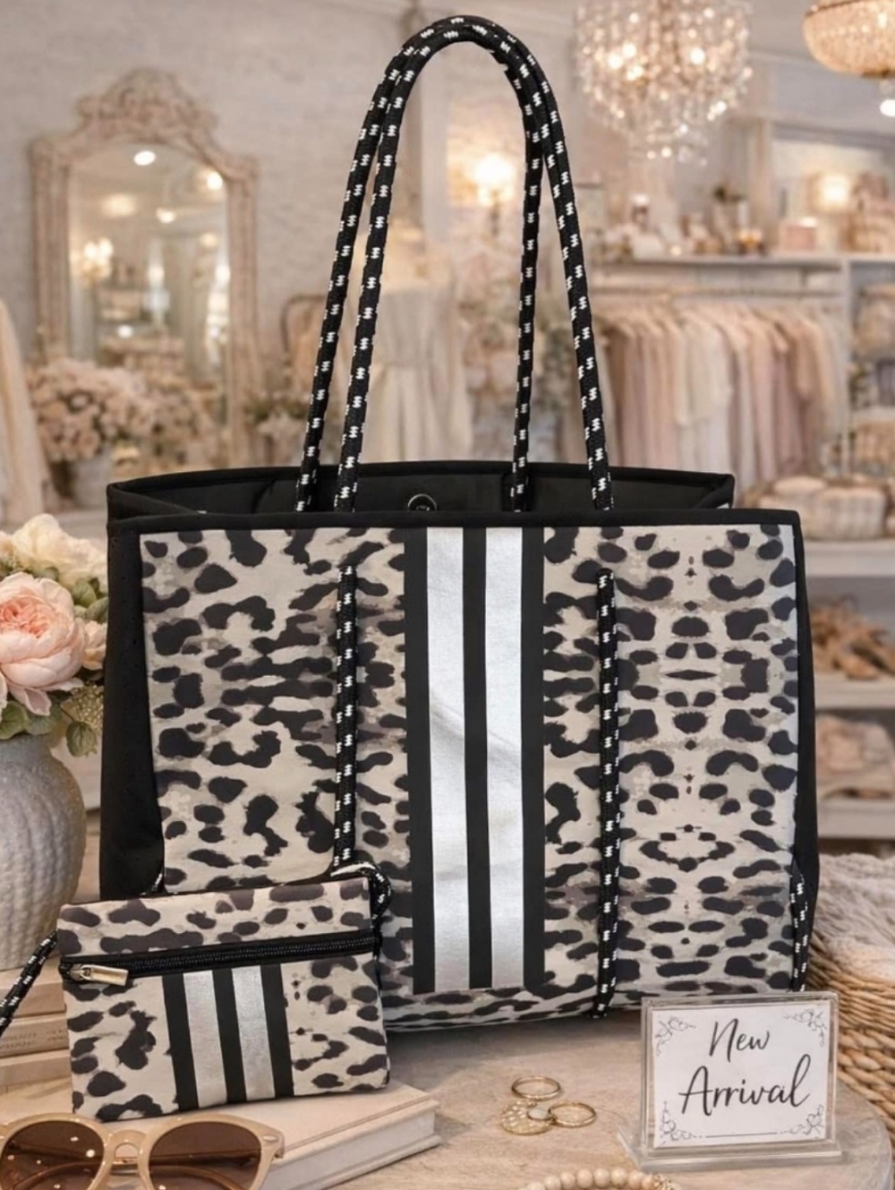 NWT - Neoprene Leopard Tote with Metallic Stripe - Black & White - Picture 2 of 7